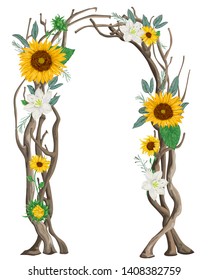Rustic arch with tree branches, sunflowers , lilies, rosemary and leaves. Vintage design template for invitation, card, poster. Vector illustration in watercolor style