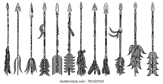 Rustic arrow set. Ethnic tribal theme set of Indian American  arrows. Collection of hand drawn Boho chic fashion design elements for flesh body art tattoo. Vector.