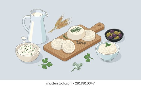 Rustic assortment of fresh cheese arranged on a wooden cutting board alongside a jug of milk, olives, and wheat.