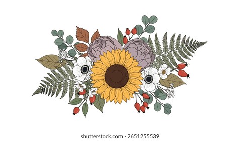 Arranjo floral de outono rústico com folhas de girassol e eucalipto