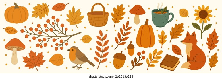 Rustic autumn illustration with seasonal elements like pumpkins, leaves, fox, and bird for a charming fall vibe