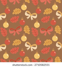 Hoja rústica del otoño, lazo de la cinta, y patrón inconsútil de la chuchería, fondo acogedor del Festiva de la caída