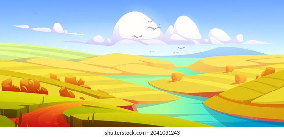 Rústico paisaje de prado otoñal, campo amarillo rural con camino de tierra, río, pilas de heno y montaña en el horizonte. Efecto paralax de las tierras de cultivo, paisaje campiña otoño naturaleza de la temporada Cartoon vectorial fondo