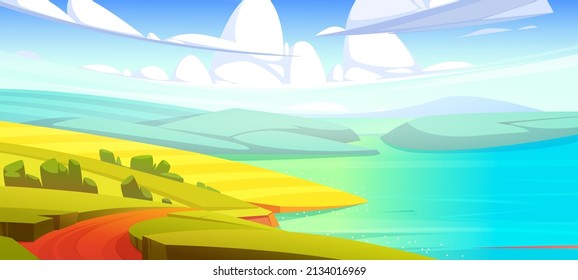 Rustic Autumn Meadow Landscape, Rural Yellow Field With Dirt Road, Water Pond, Sea Or River And Fluffy Clouds On Horizon. Farmland Scenery Countryside Fall Season Nature, Cartoon Vector Background