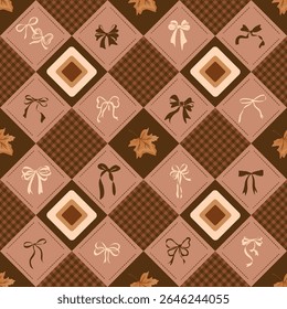 Motif rustique harmonieux de patchwork d'automne avec des arcs, des feuilles d'érable et des carrés géométriques dans des tons marron