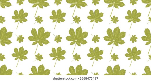 Rustic autumn seamless pattern with green leaves in flat style. Fall vector illustration for holiday marketing, prints, banners