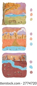 Rustic Autumn Vistas: Park Bench under Golden Tree, Orange Forest, and Desert Canyon clipart watercolor illustration | Vector