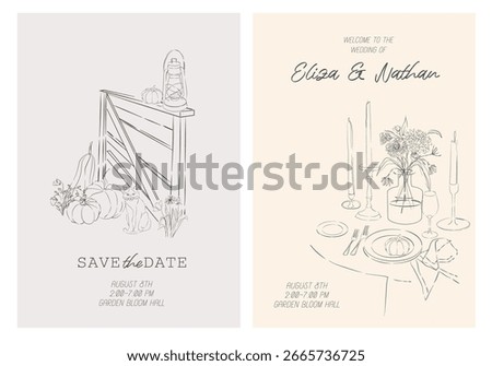 Rustic autumn wedding invitation templates in delicate cottagecore style. Minimalist illustrations with pumpkins, vintage lantern, cozy table setting, wildflowers and a cat. 