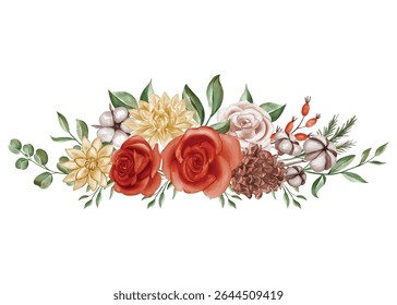 Arranjo floral outonal rústico com algodão e rosas
