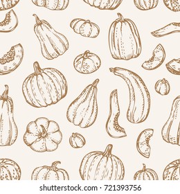 Rustic background. Autumn seamless pattern. Pumpkins texture. Vector vegetables