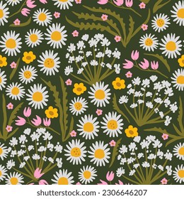 rustic background with flowers and leaves. botanical seamless pattern with flowering plants. summer print for fabric. daisies and leaves scattered chaotically.
