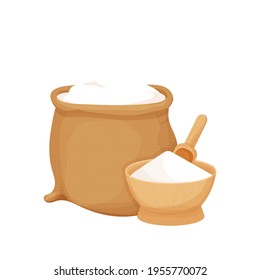 Rustic bag, wooden bowl and spoon with white flour in cartoon flat style isolated on white background. Organic food, harvest, bakery stock vector illustration.