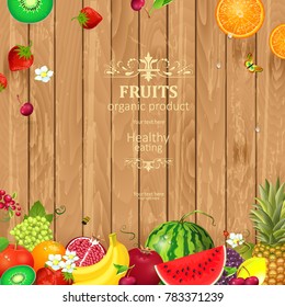 rustic banner with delicious fruits and berries on wooden background 

