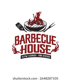 Rustic barbecue house logo with flaming grill design. Ideal for smokehouse, steakhouse, BBQ branding, food truck logos, restaurant signs, or grilling-themed merchandise and packaging.