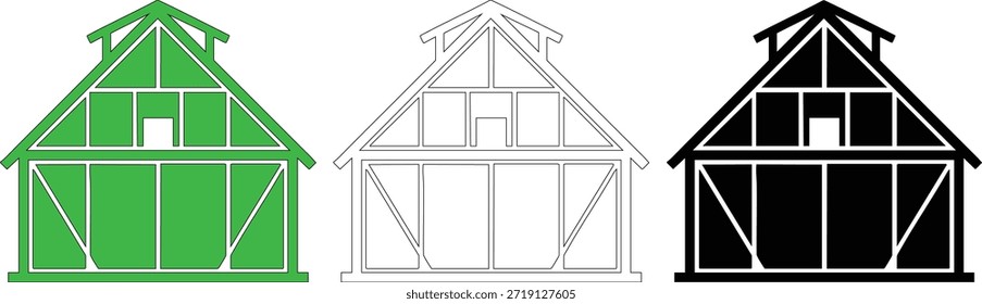 Rustic barn house icon set showcases a traditional timber-framed building in solid green, outline, and silhouette versions. Collection perfect for farm, agriculture, or rural-themed designs.