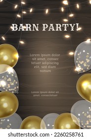 Rustic barn party flyer design with balloons and wooden texture