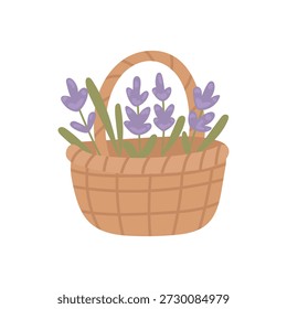 Cesta rústica llena de flores de lavanda frescas dispuestas para la decoración del campo, artículos de jardinería e ilustraciones de estilo de vida de la granja.