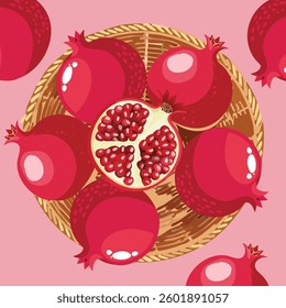 A rustic basket filled with fresh, ripe pomegranates, showcasing their vibrant red hues