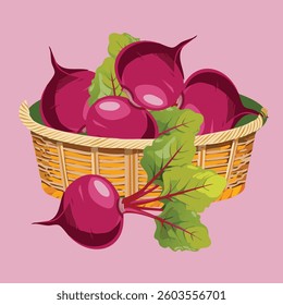 A rustic basket filled with freshly harvested beetroots, showcasing their vibrant red roots and leafy tops