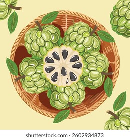A rustic basket filled with ripe, green custard apples, showcasing their unique, textured skin