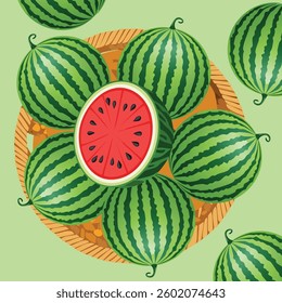 A rustic basket overflowing with ripe watermelons, ready to be enjoyed