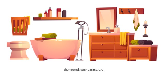 Rustic bathroom stuff in retro style set. Wooden vintage furniture, bath tub, toilet and basket for dirty linen, shelf, mirror and washbasin, clean towels and hanger isolated cartoon vector clip art