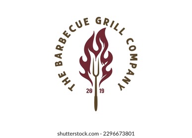 Rustic BBQ Barbecue Grill Fork with Flame Logo Design