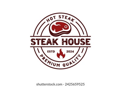 Rustic BBQ Grill Logo or Grilled Barbecue Steak House Badge Logo Stamp in Vintage Retro Style
