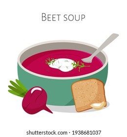 Rustic beet soup with bread and garlic. Healthy eating meal. Vector illustration.