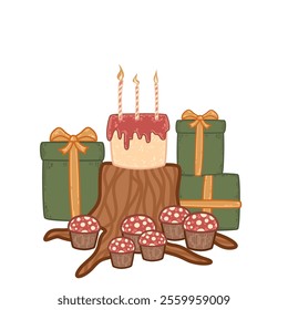 Rustic birthday cake on a tree stump surrounded by presents and cupcakes. Nature-inspired celebration with mushrooms, gifts, and candles. Whimsical vector art featuring a woodland-themed party setup