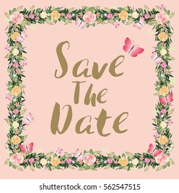 Rustic blossom flowers save the date wedding invitation card, floral garland