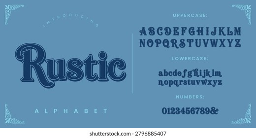 Rustic blue vintage decorative alphabet font set with classic ornate letter design style
