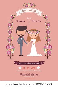 Rustic Bohemian Cartoon Couple Wedding Card On Pink Background