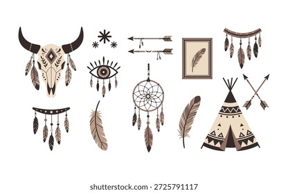 Uma coleção boêmia rústica com um crânio de touro decorado, uma torre tribal e penas étnicas