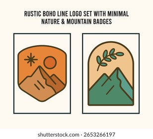 Conjunto de logotipo de linha de Boho rústico com distintivos mínimos da montanha da natureza