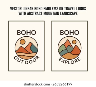 Conjunto de logotipo de linha de Boho rústico com distintivos mínimos da montanha da natureza