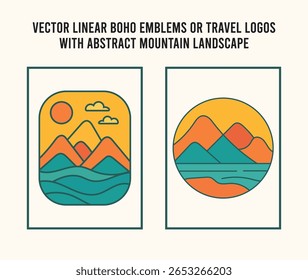 Conjunto de logotipo de linha de Boho rústico com distintivos mínimos da montanha da natureza