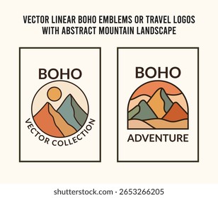 Conjunto de logotipo de linha de Boho rústico com distintivos mínimos da montanha da natureza