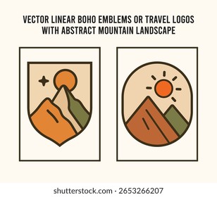 Conjunto de logotipo de linha de Boho rústico com distintivos mínimos da montanha da natureza