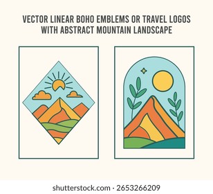Conjunto de logotipo de linha de Boho rústico com distintivos mínimos da montanha da natureza