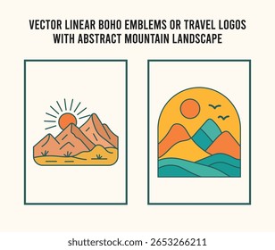 Conjunto de logotipo de linha de Boho rústico com distintivos mínimos da montanha da natureza