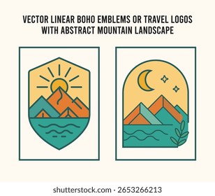Conjunto de logotipo de linha de Boho rústico com distintivos mínimos da montanha da natureza