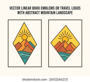 Conjunto de logotipo de linha de Boho rústico com distintivos mínimos da montanha da natureza