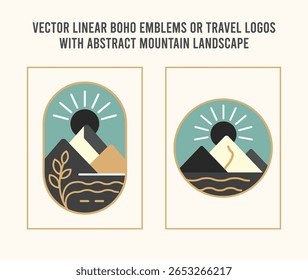 Conjunto de logotipo de linha de Boho rústico com distintivos mínimos da montanha da natureza