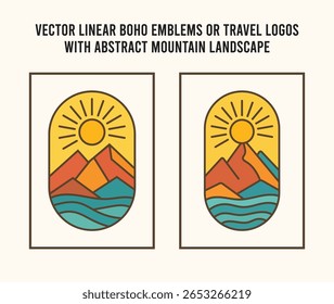 Conjunto de logotipo de linha de Boho rústico com distintivos mínimos da montanha da natureza