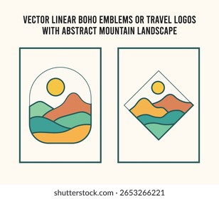 Conjunto de logotipo de linha de Boho rústico com distintivos mínimos da montanha da natureza
