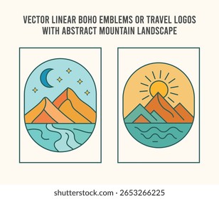 Conjunto de logotipo de linha de Boho rústico com distintivos mínimos da montanha da natureza