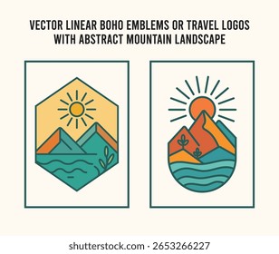 Conjunto de logotipo de linha de Boho rústico com distintivos mínimos da montanha da natureza