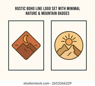 Conjunto de logotipo de linha de Boho rústico com distintivos mínimos da montanha da natureza