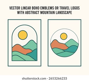 Conjunto de logotipo de linha de Boho rústico com distintivos mínimos da montanha da natureza
